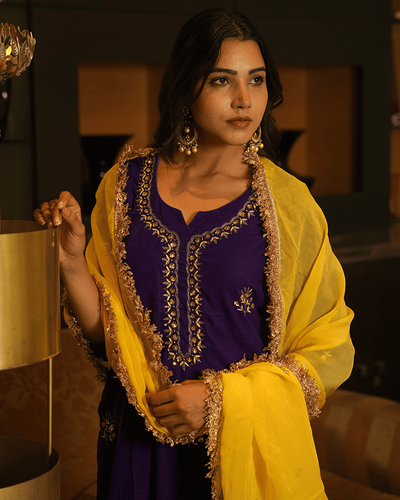 Yellow Purple Dress With Gold Accessories Floral-Print Long Lilac Purple Prom Dress PromGirl