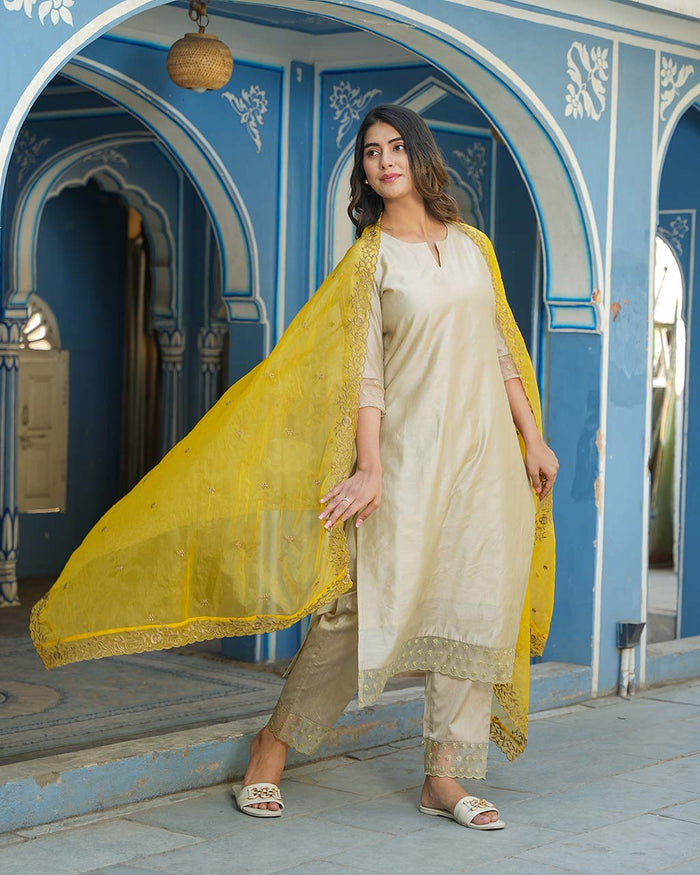 GOLDEN CHANDERI SUIT WITH LACE AND EMBROIDERY