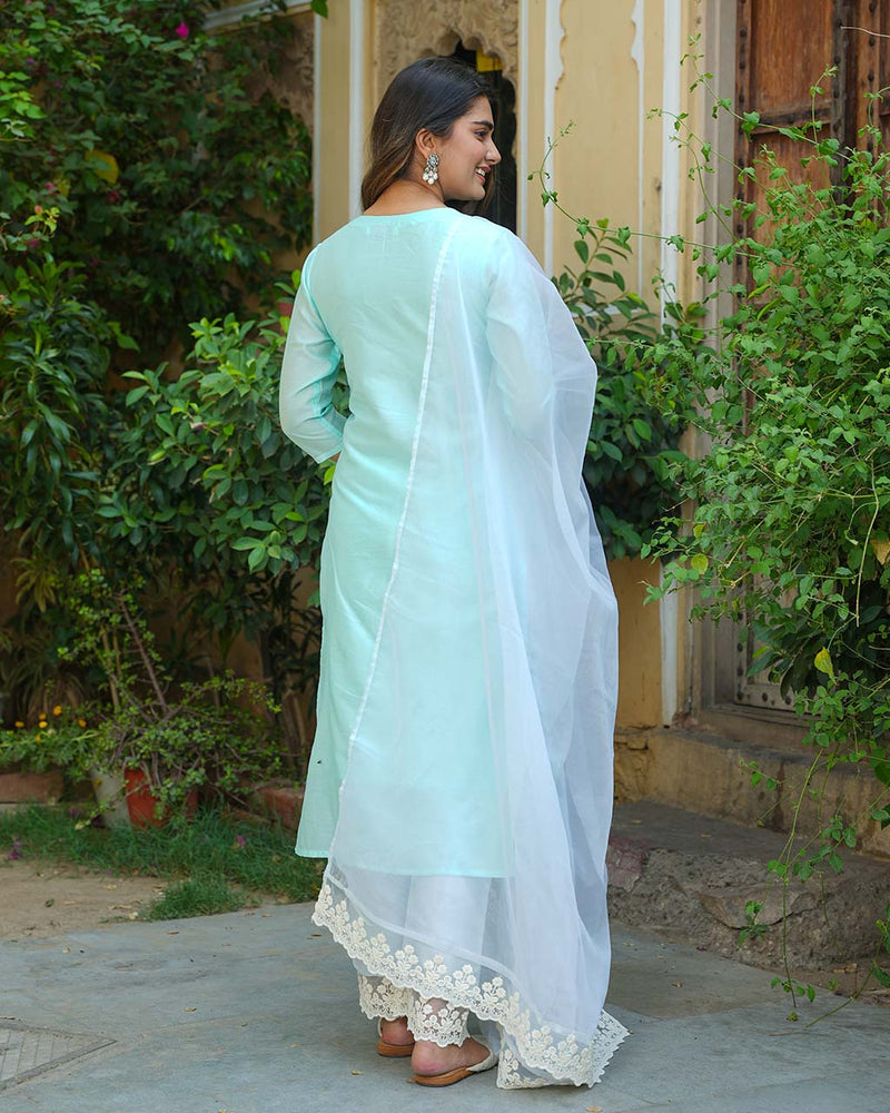 ICE BLUE CHANDERI SUIT SET WITH LACE WORK