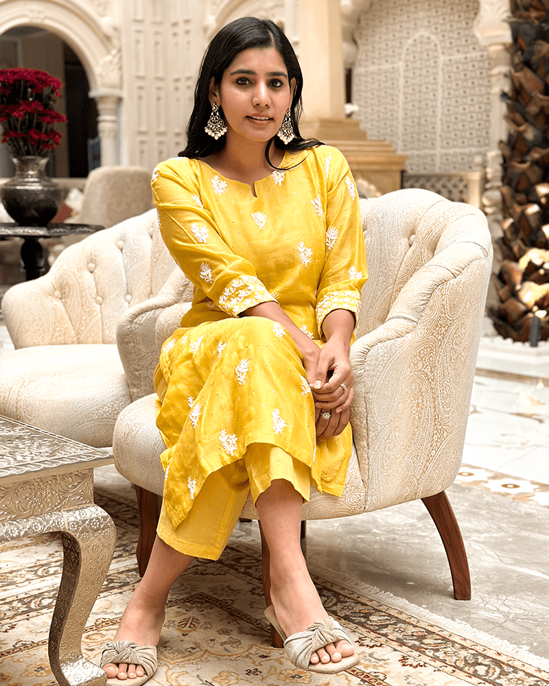 MUSTARD YELLOW KURTA SET WITH EMBROIDERY