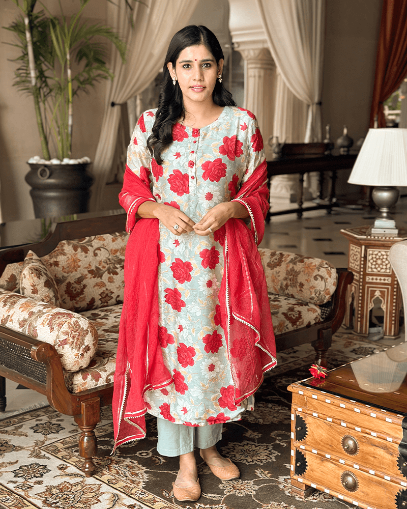 MINT GREEN & RED FLOWER PRINT SUIT SET Gulabi Dori MINT GREEN & RED FLOWER PRINT SUIT SET Gulabi Dori