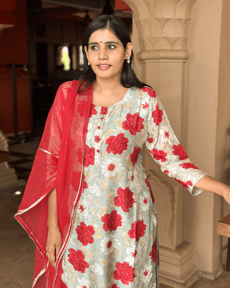 MINT GREEN & RED FLOWER PRINT SUIT SET Gulabi Dori MINT GREEN & RED FLOWER PRINT SUIT SET Gulabi Dori