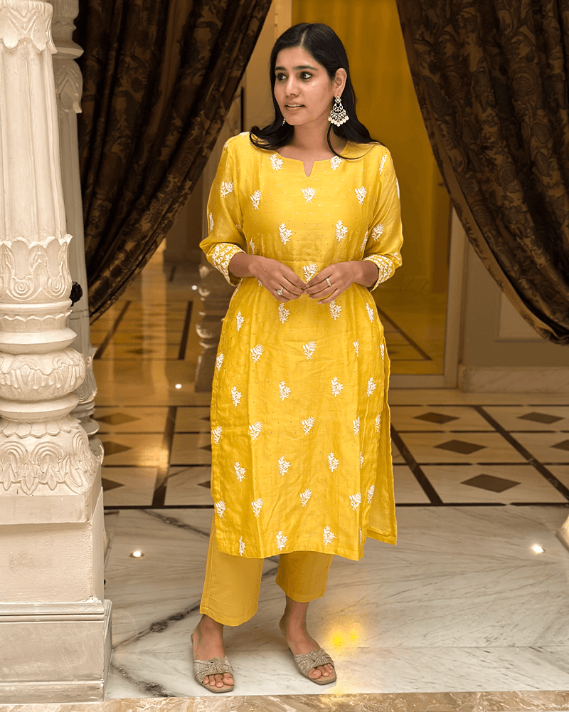 MUSTARD YELLOW KURTA SET WITH EMBROIDERY