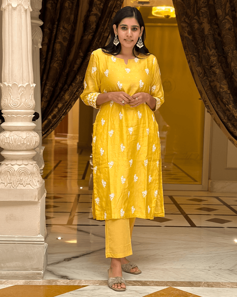 MUSTARD YELLOW KURTA SET WITH EMBROIDERY