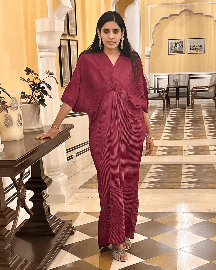 MAROON PLEATED SATIN GOWN