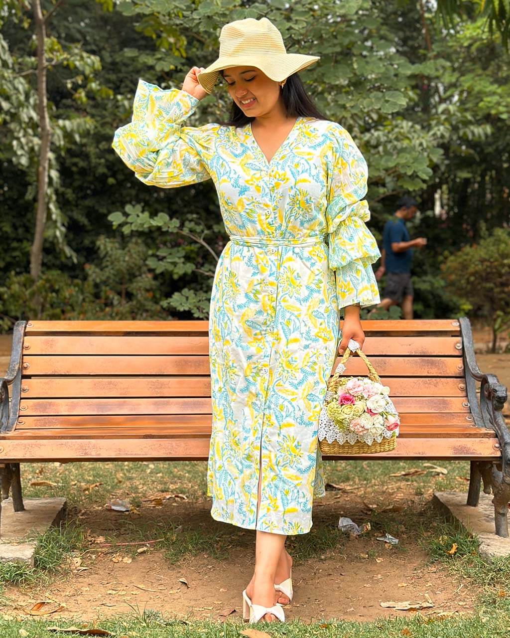 Green Yellow Floral Handblock Shirt
