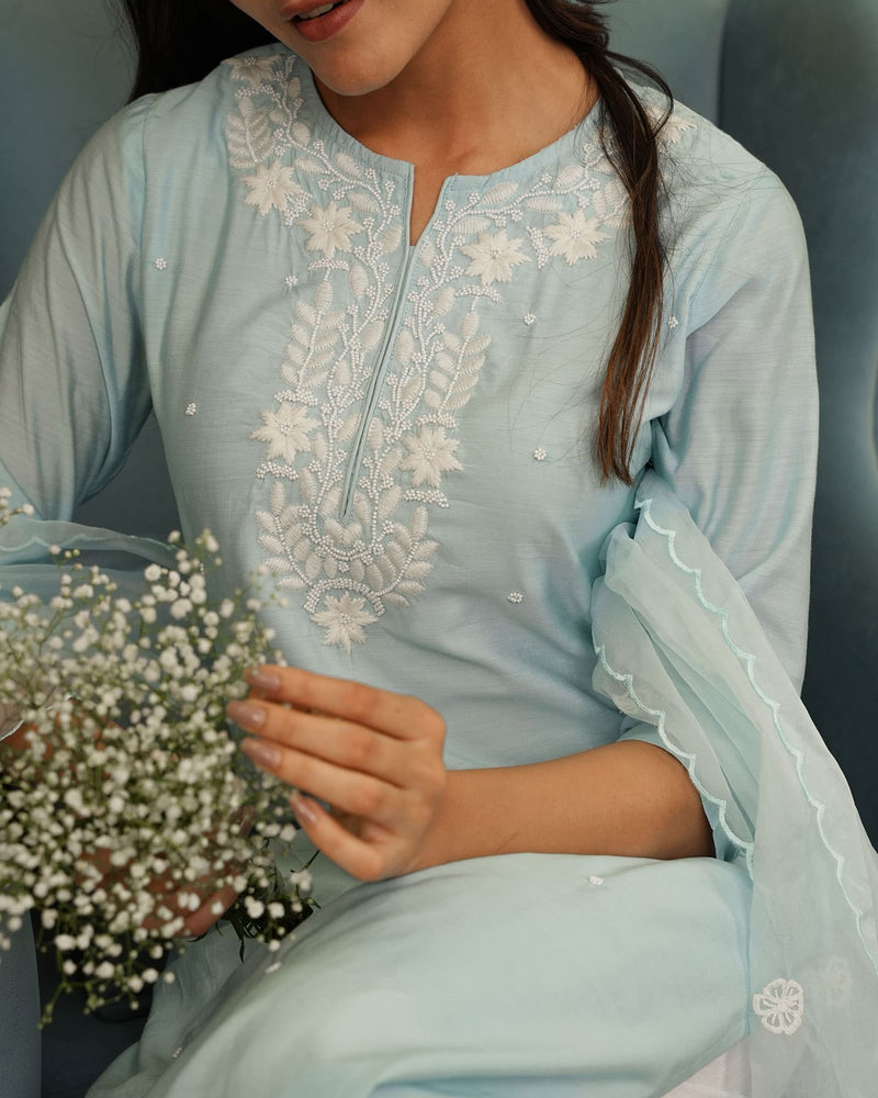 BLUE CHANDERI SUIT SET WITH PEARL WORK