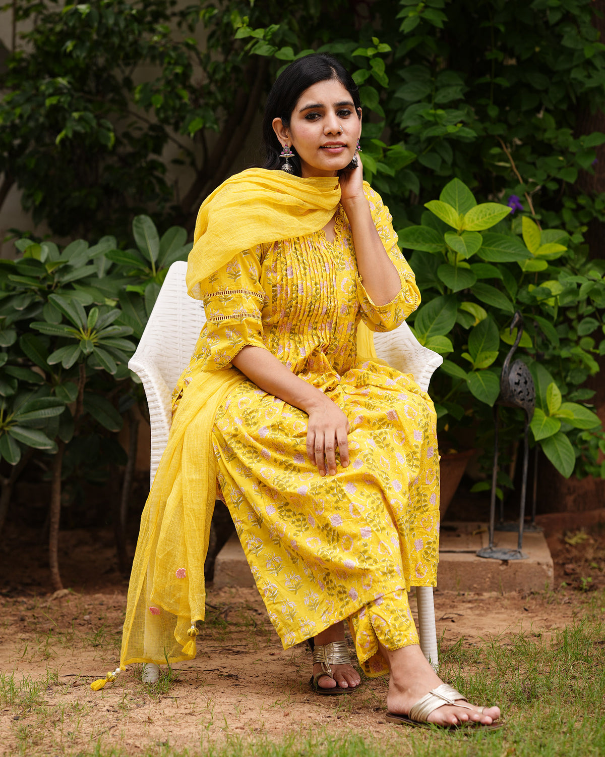 YELLOW COTTON HANDBLOCK SUIT SET WITH LACE