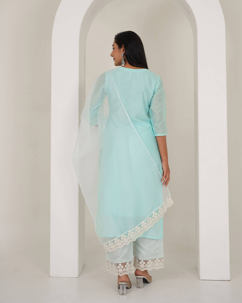 ICE BLUE CHANDERI SUIT SET WITH LACE WORK