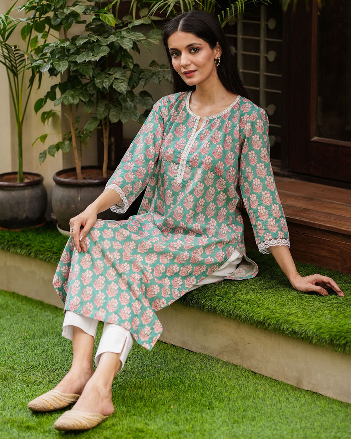 TEAL GREEN COTTON KURTA WITH LACE