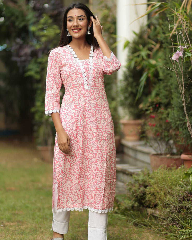 PINK ROSE KURTA WITH LACE – Gulabi Dori