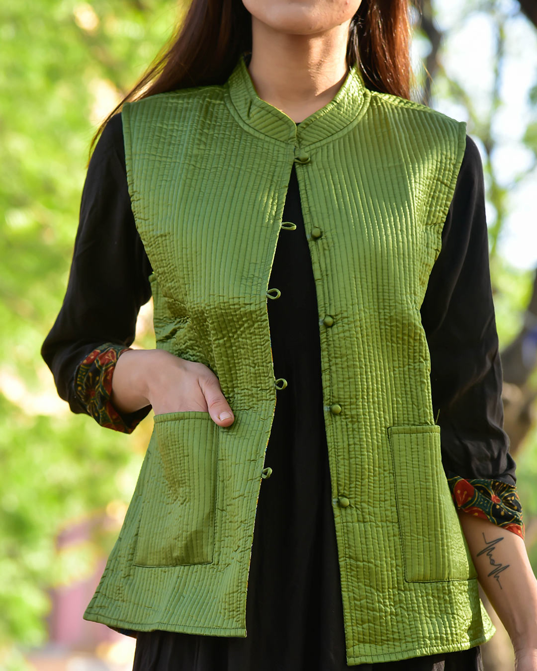 GREEN SILK & COTTON QUILTED JACKET