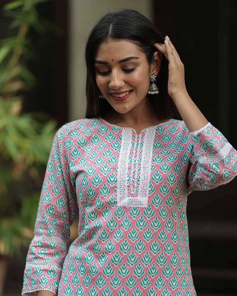 BLUE & PINK COTTON KURTA WITH LACE