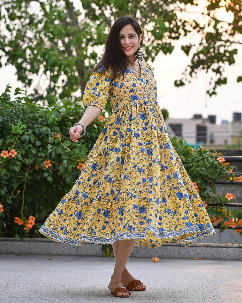 YELLOW FLORAL PRINT HANDBLOCK COTTON DRESS – Gulabi Dori