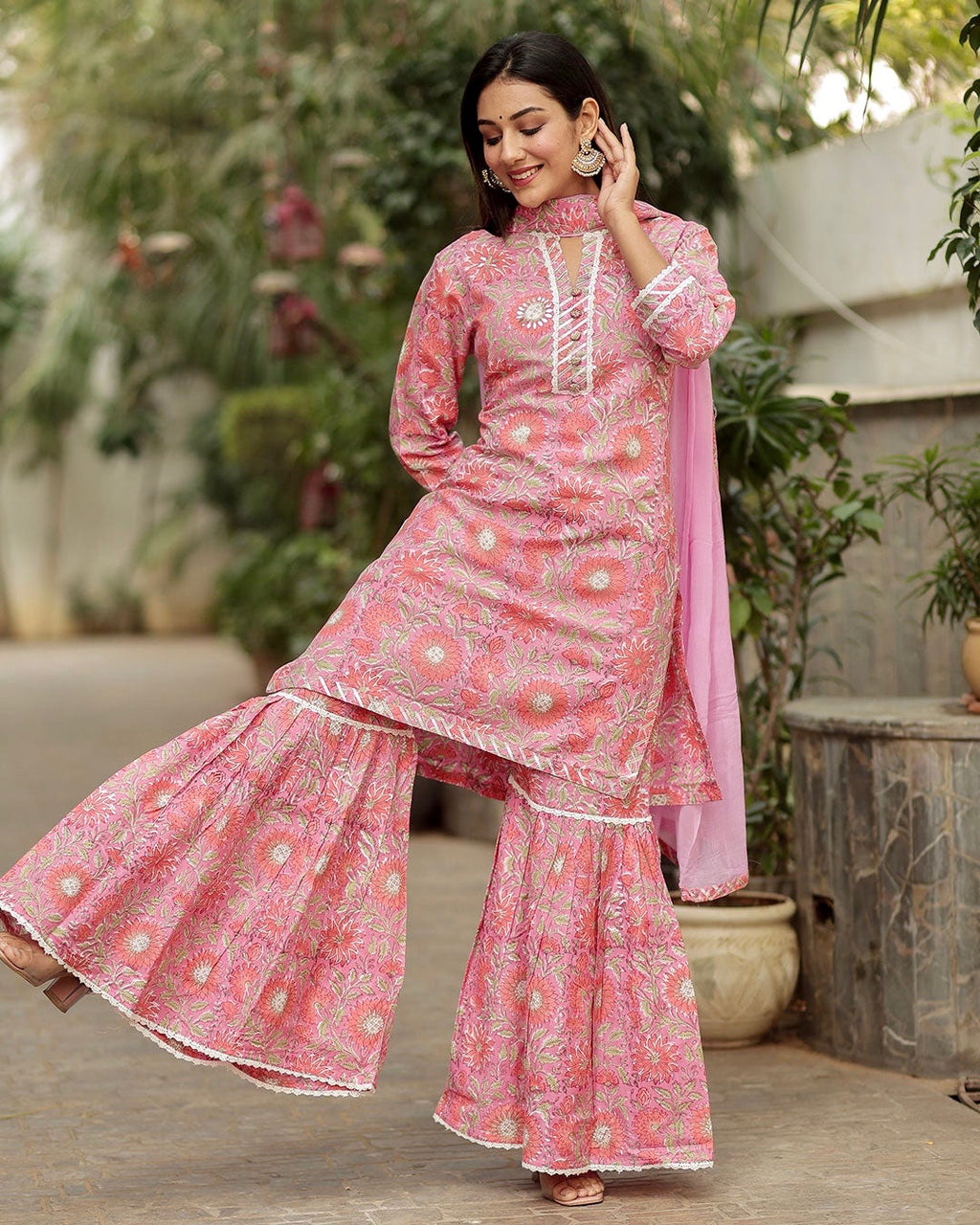 PINK MUSLIN HANDBLOCK SHARARA SET – Gulabi Dori
