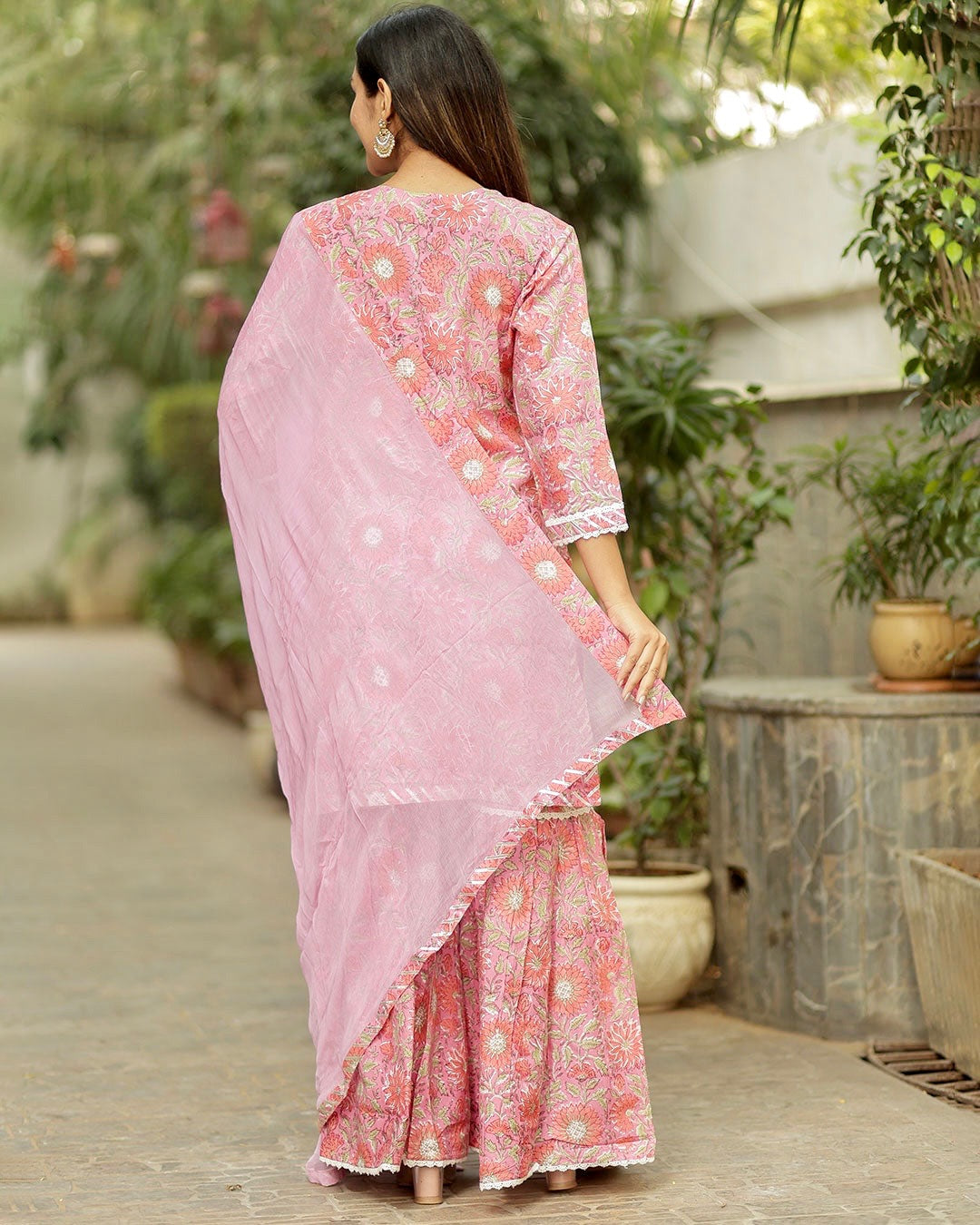 PINK MUSLIN HANDBLOCK SHARARA SET