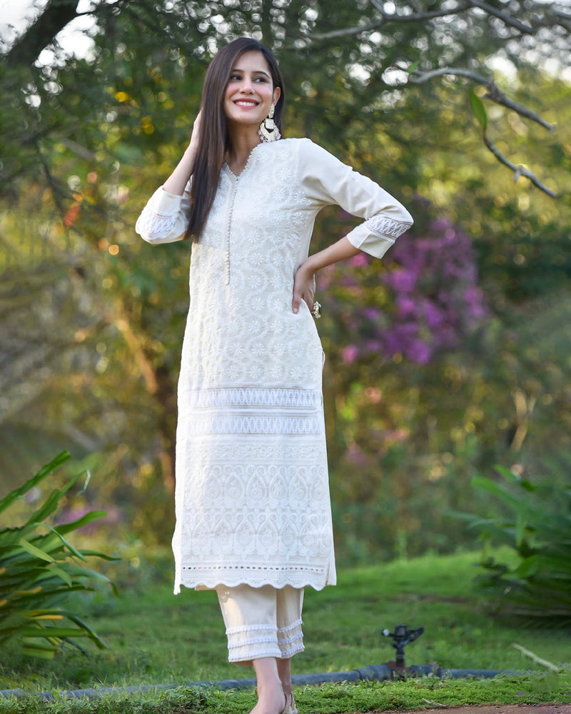 WHITE BASIC COTTON KURTA SET