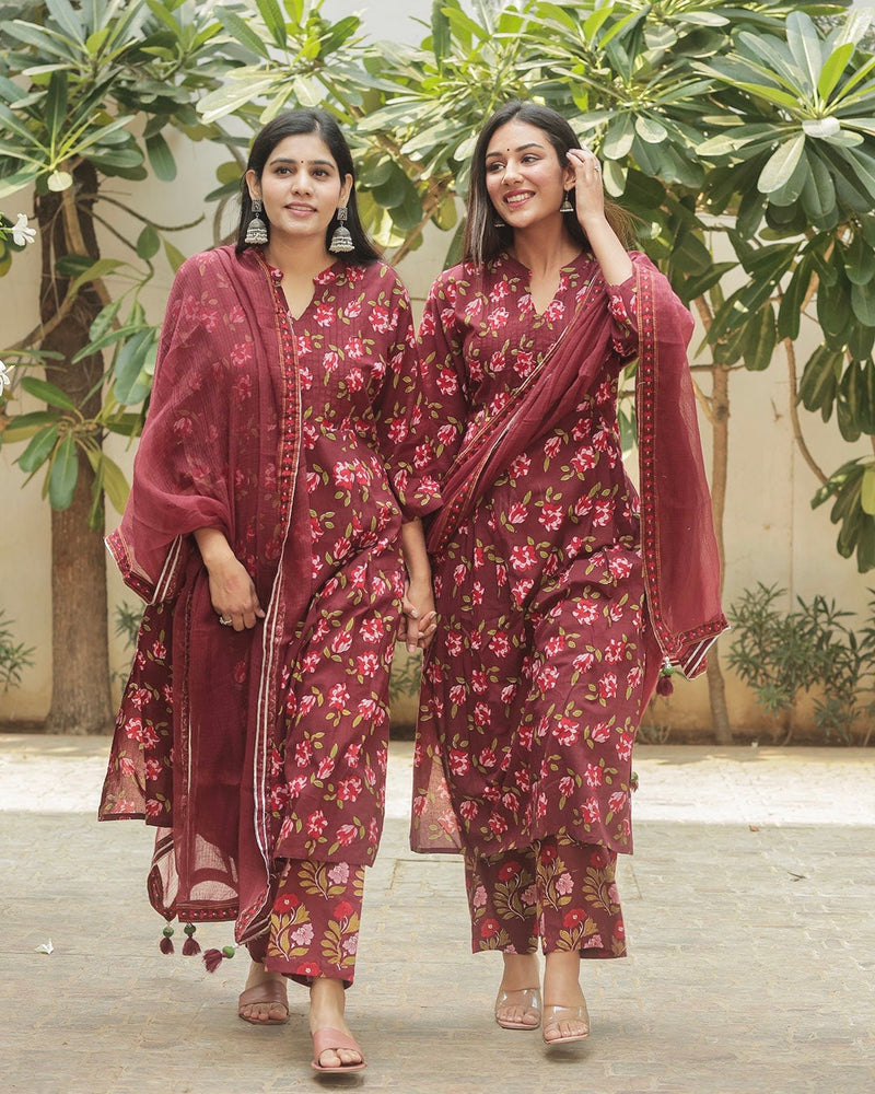 MAROON COTTON SUIT SET WITH FLORAL PRINT – Gulabi Dori