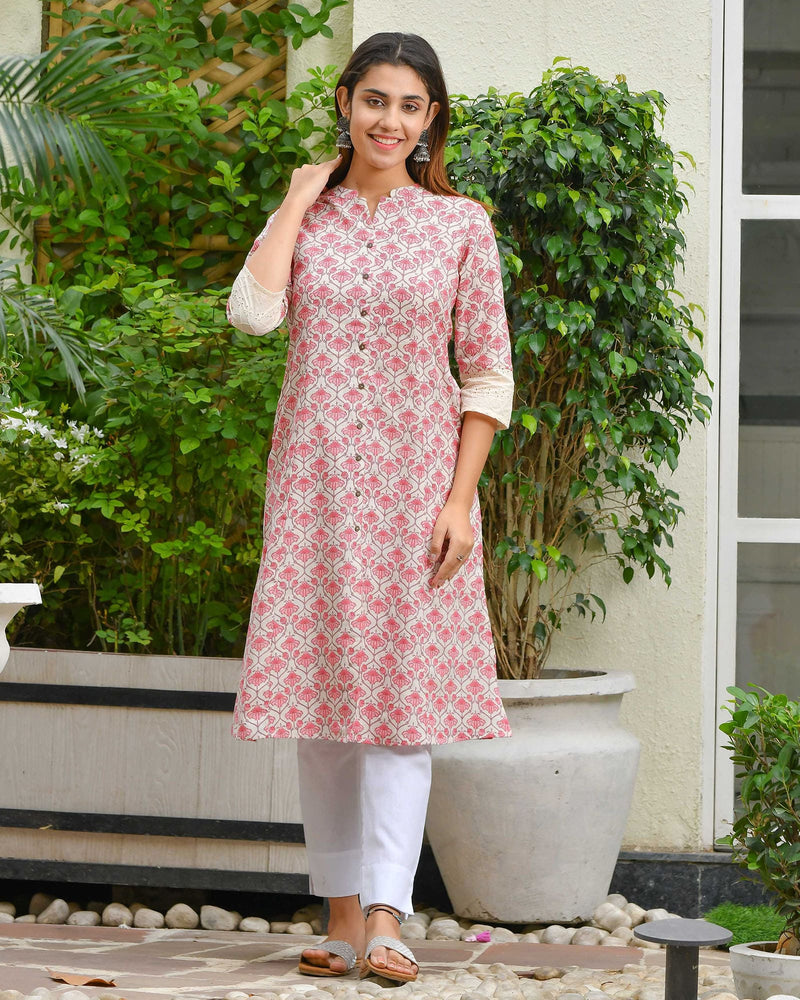 PINK & CREAM COTTON KURTA – Gulabi Dori