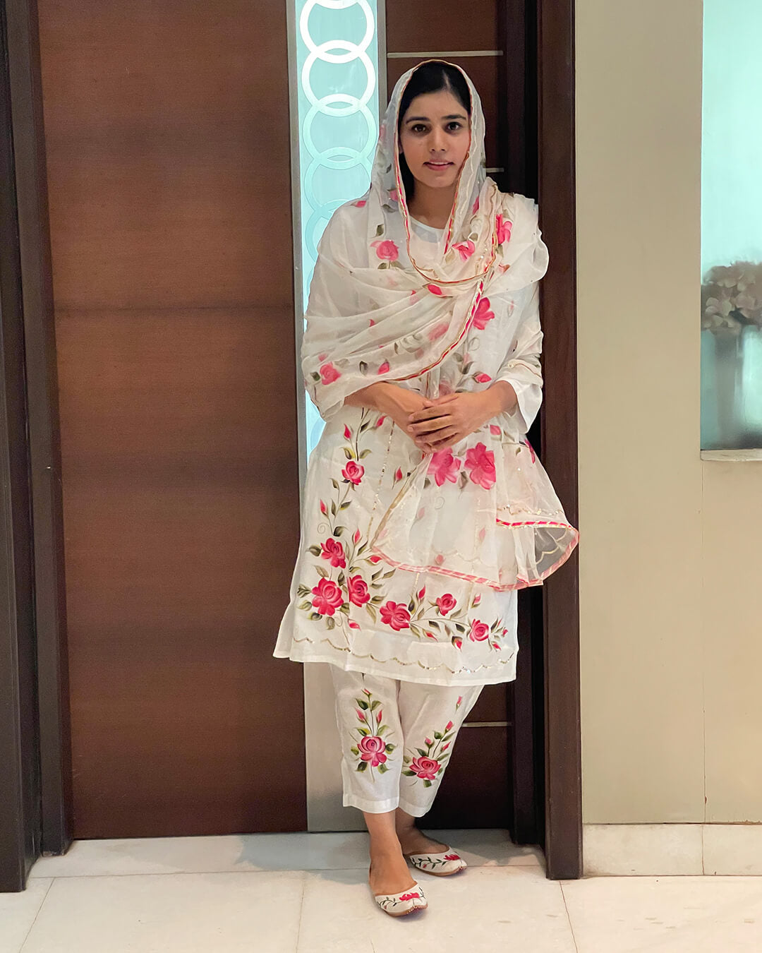 WHITE HAND PAINTED SILK SHANTUNG SUIT SET