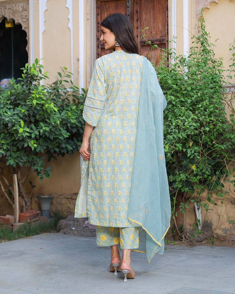MINT GREEN & YELLOW COTTON HANDBLOCK SUIT SET