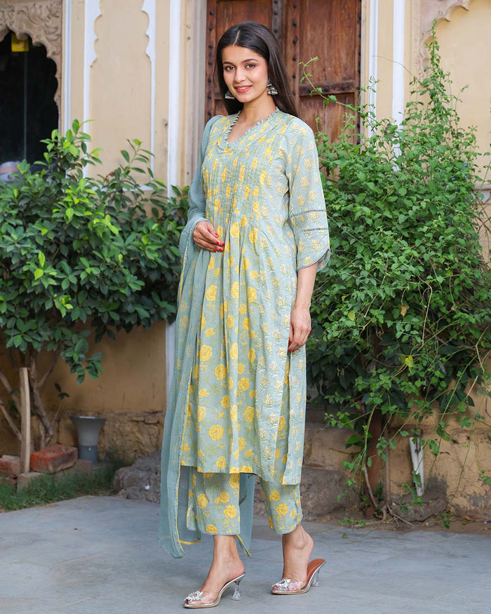 MINT GREEN & YELLOW COTTON HANDBLOCK SUIT SET
