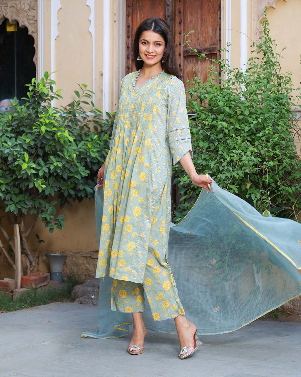 MINT GREEN & YELLOW COTTON HANDBLOCK SUIT SET