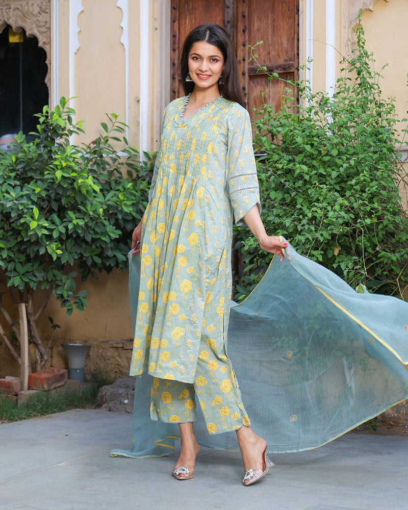 MINT GREEN & YELLOW COTTON HANDBLOCK SUIT SET