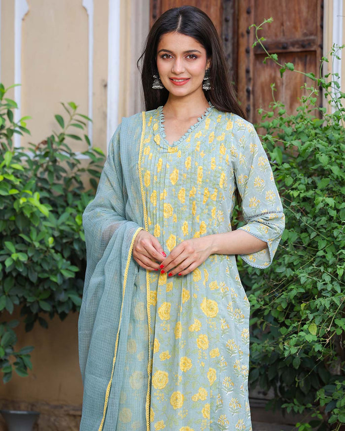 MINT GREEN & YELLOW COTTON HANDBLOCK SUIT SET