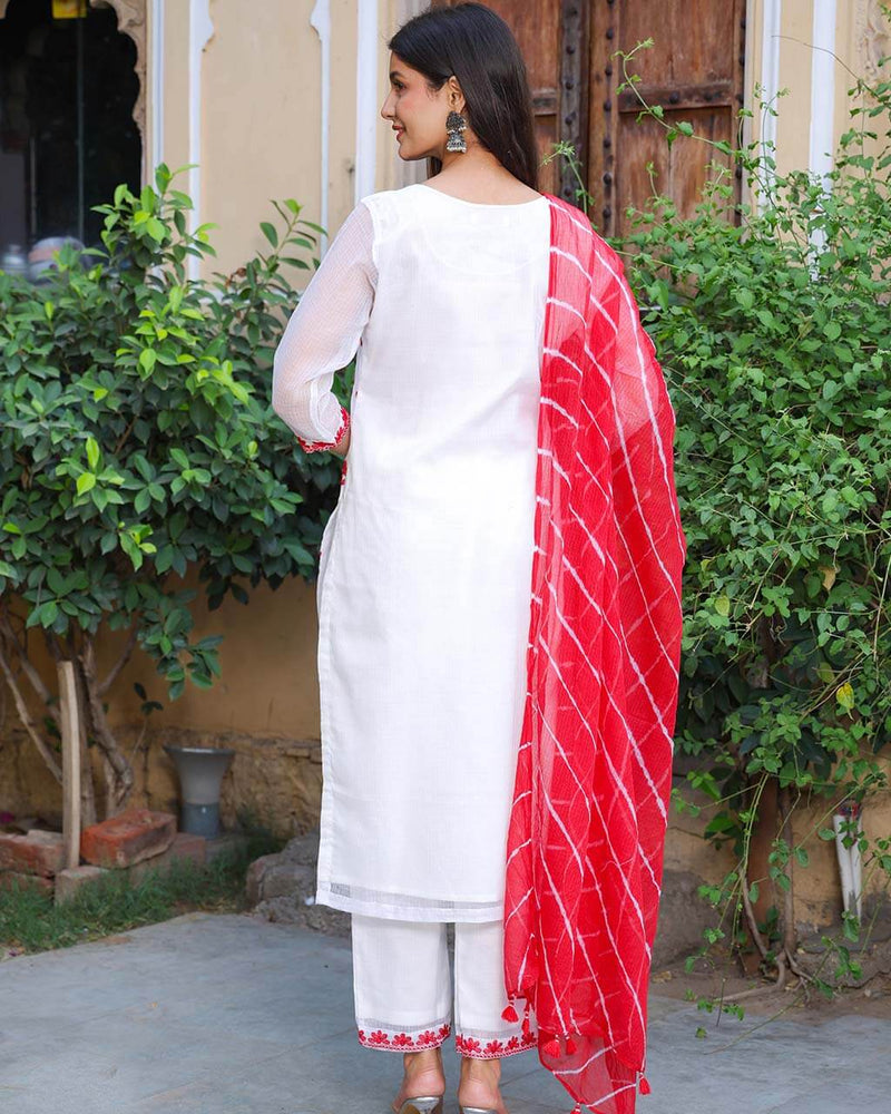 WHITE & RED KOTA DORIA SUIT WITH LEHERIYA DUPATTA