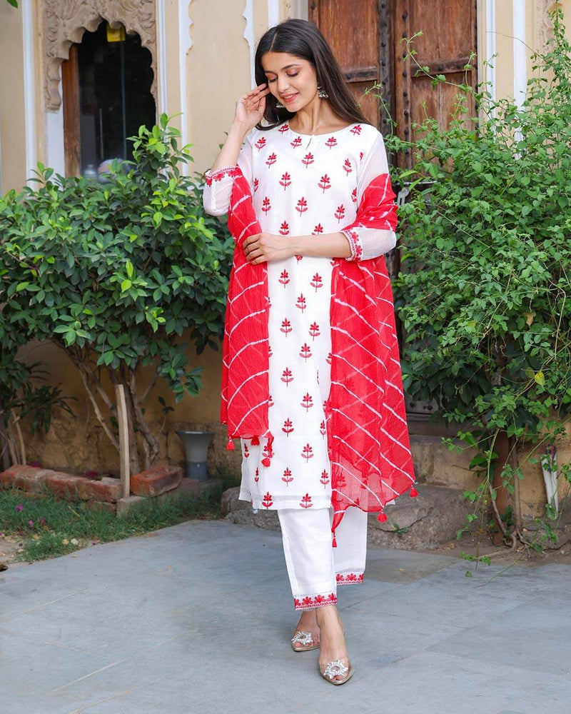 WHITE & RED KOTA DORIA SUIT WITH LEHERIYA DUPATTA