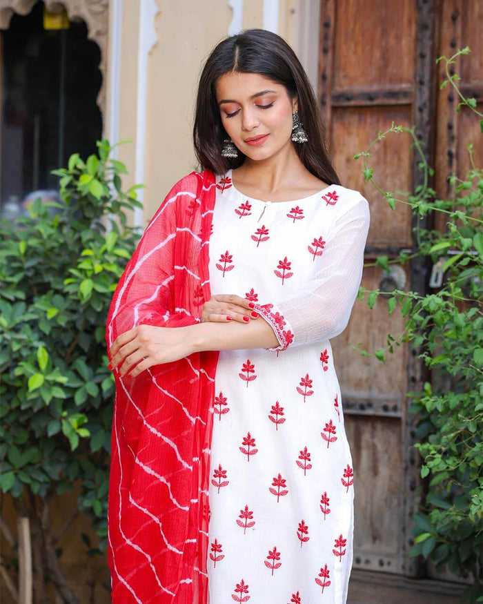 WHITE & RED KOTA DORIA SUIT WITH LEHERIYA DUPATTA