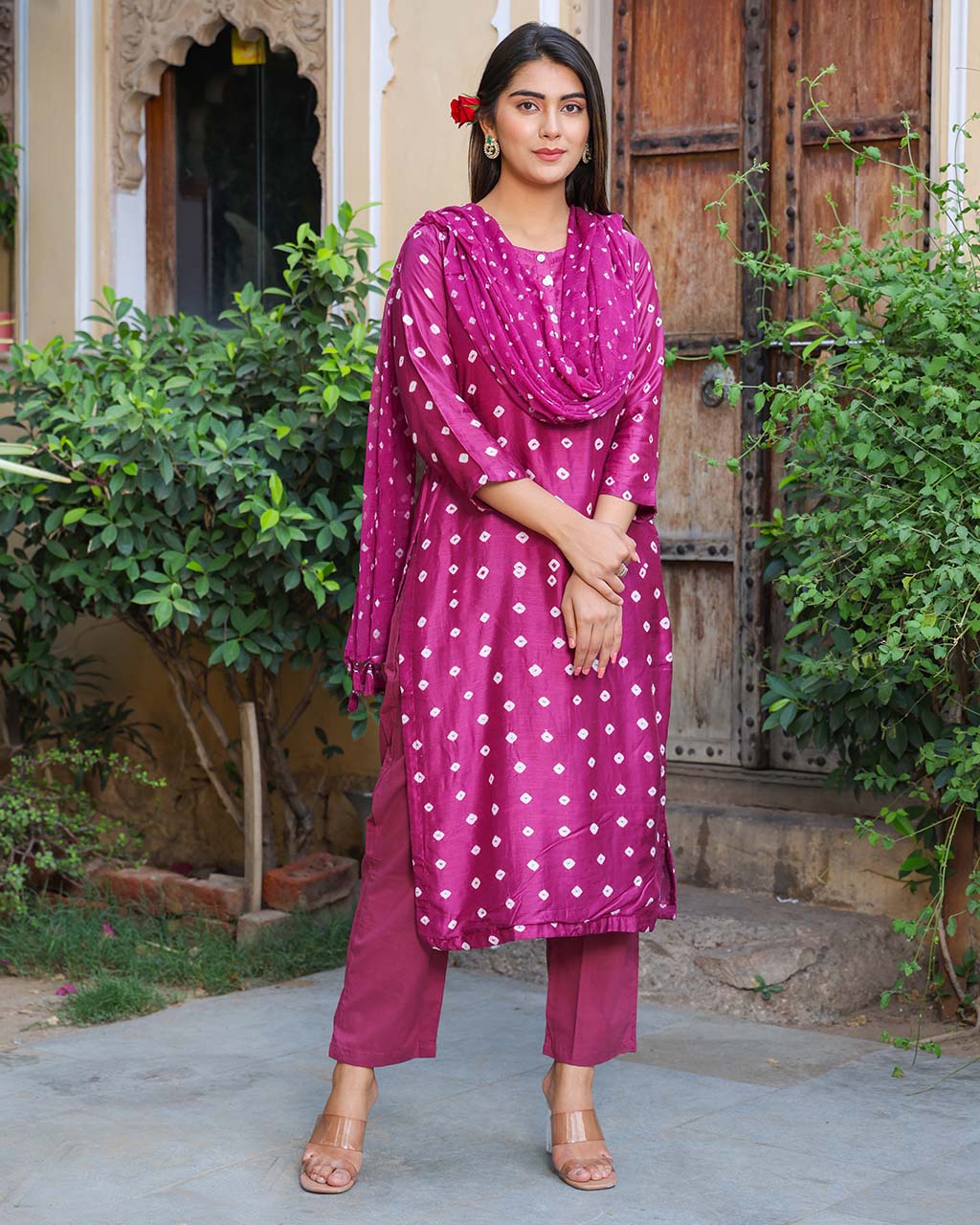 MAGENTA COTTON SILK BANDHEJ SUIT SET