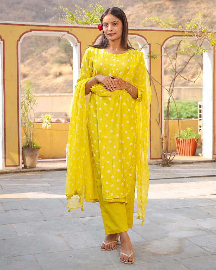 LIME COTTON SILK BANDHEJ SUIT SET