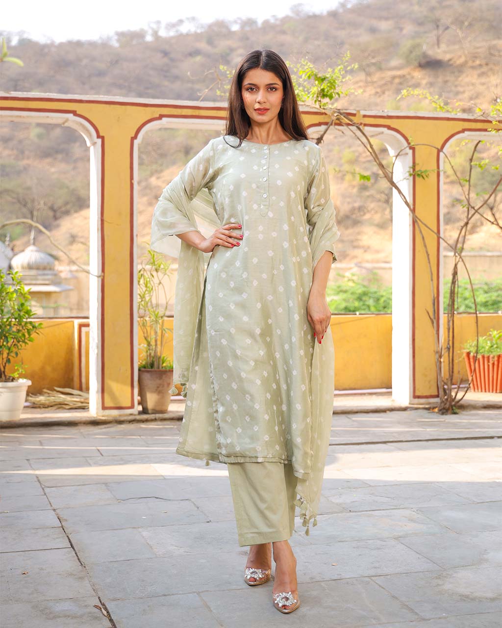 PISTA GREEN COTTON SILK BANDHEJ SUIT SET