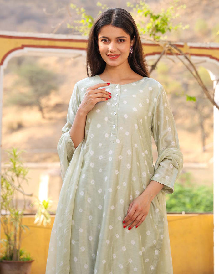 PISTA GREEN COTTON SILK BANDHEJ SUIT SET