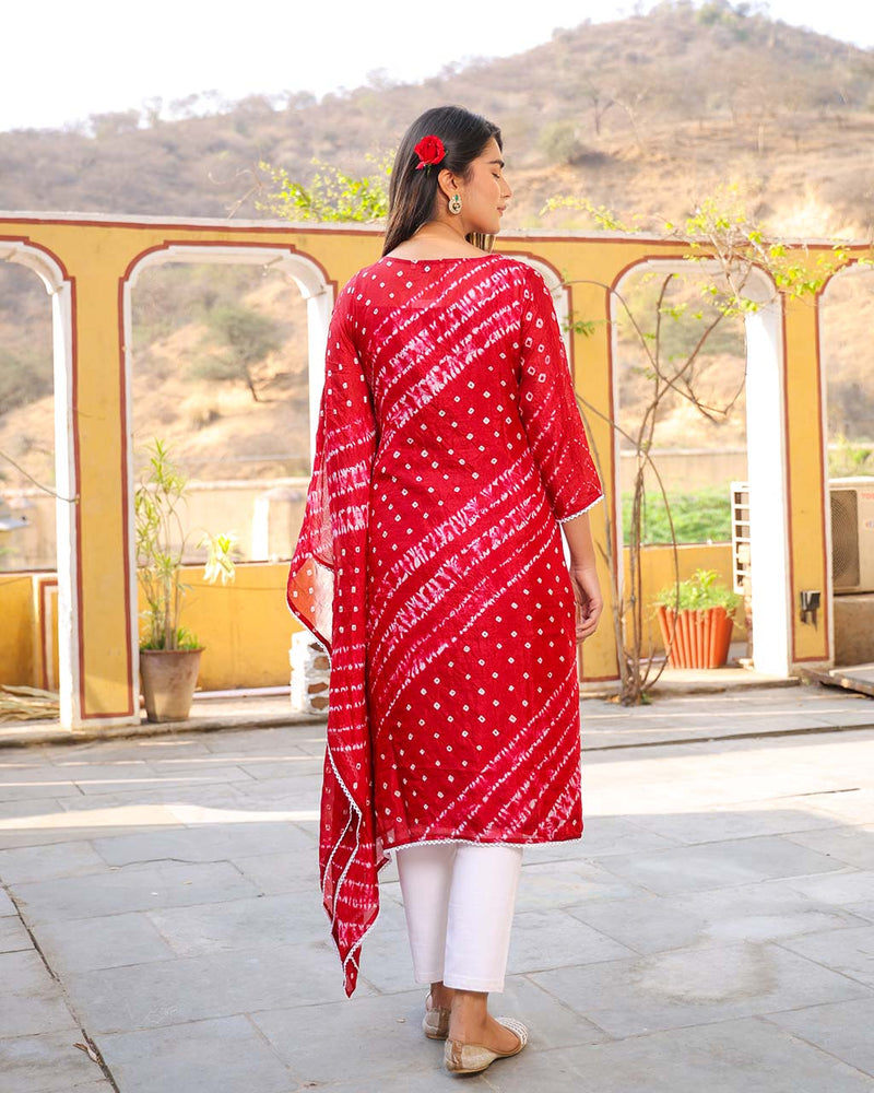 CRIMSON RED BANDHEJ SHANTUNG KURTA