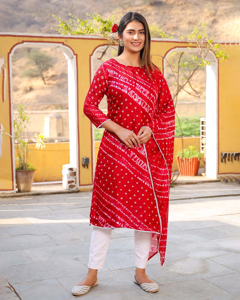 CRIMSON RED BANDHEJ SHANTUNG KURTA