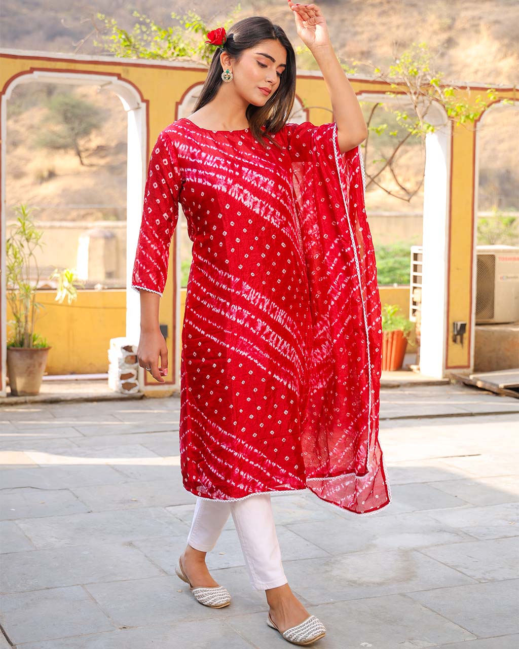 CRIMSON RED BANDHEJ SHANTUNG KURTA