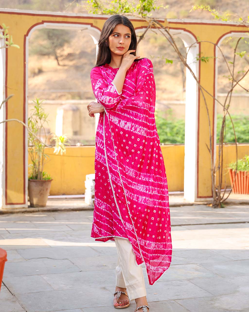 PINK BANDHEJ SHANTUNG KURTA