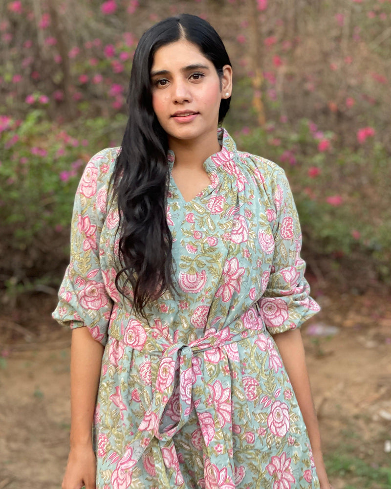 GREEN & PINK VOIL HANDBLOCK DRESS
