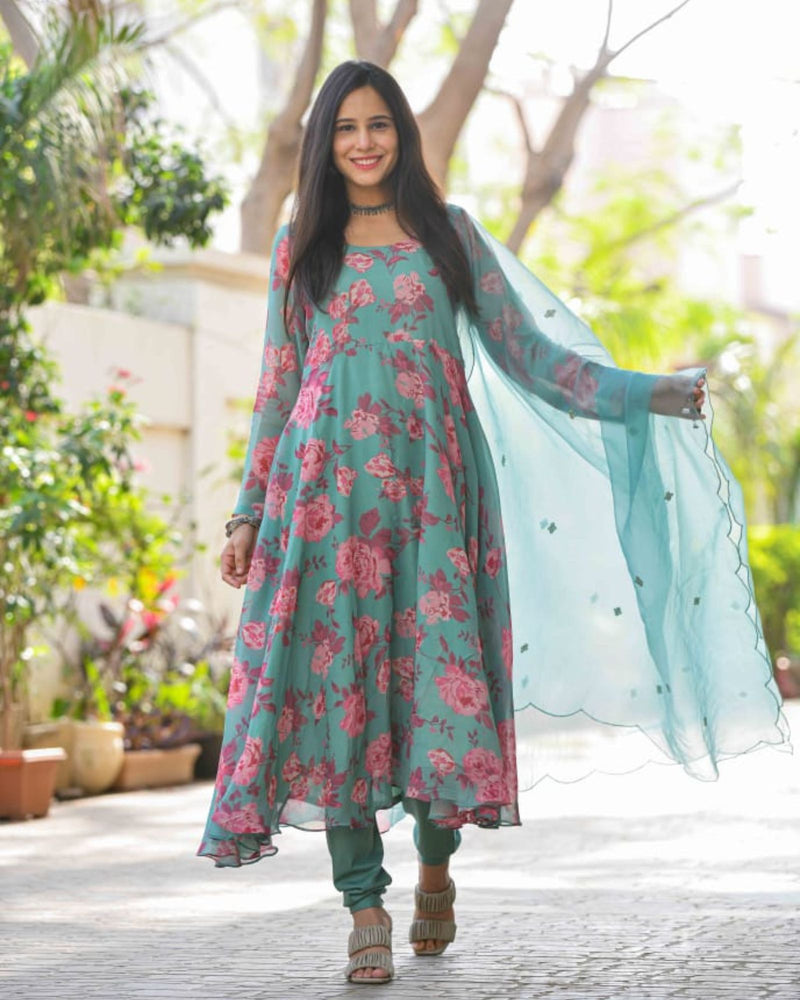 GREEN GEORGETTE ANARKALI SUIT SET