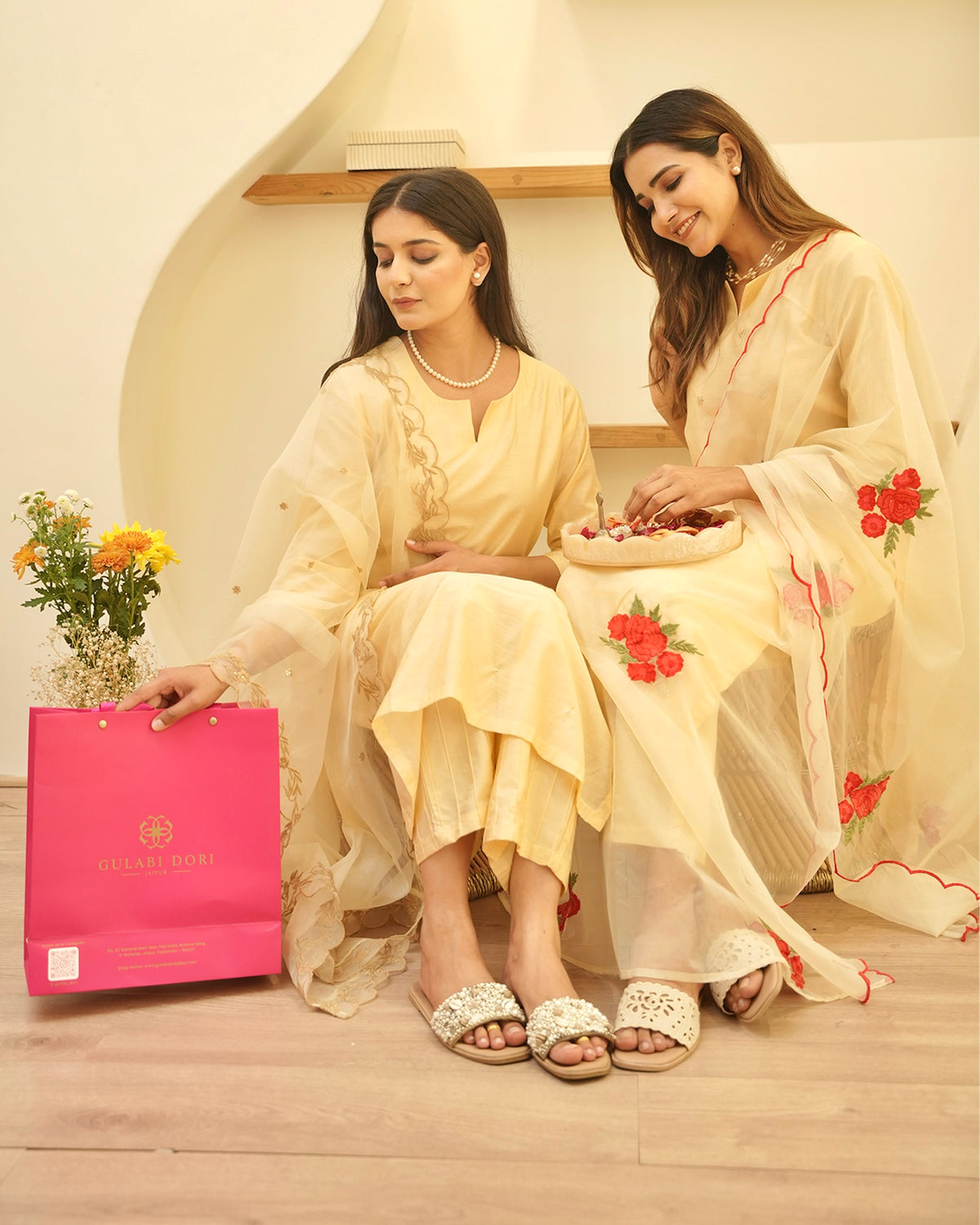 BUTTER CREAM CHANDERI SUIT SET WITH EMBROIDERED DUPATTA