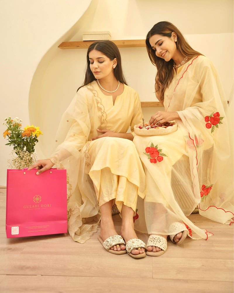 BUTTER CREAM CHANDERI SUIT SET WITH EMBROIDERED DUPATTA