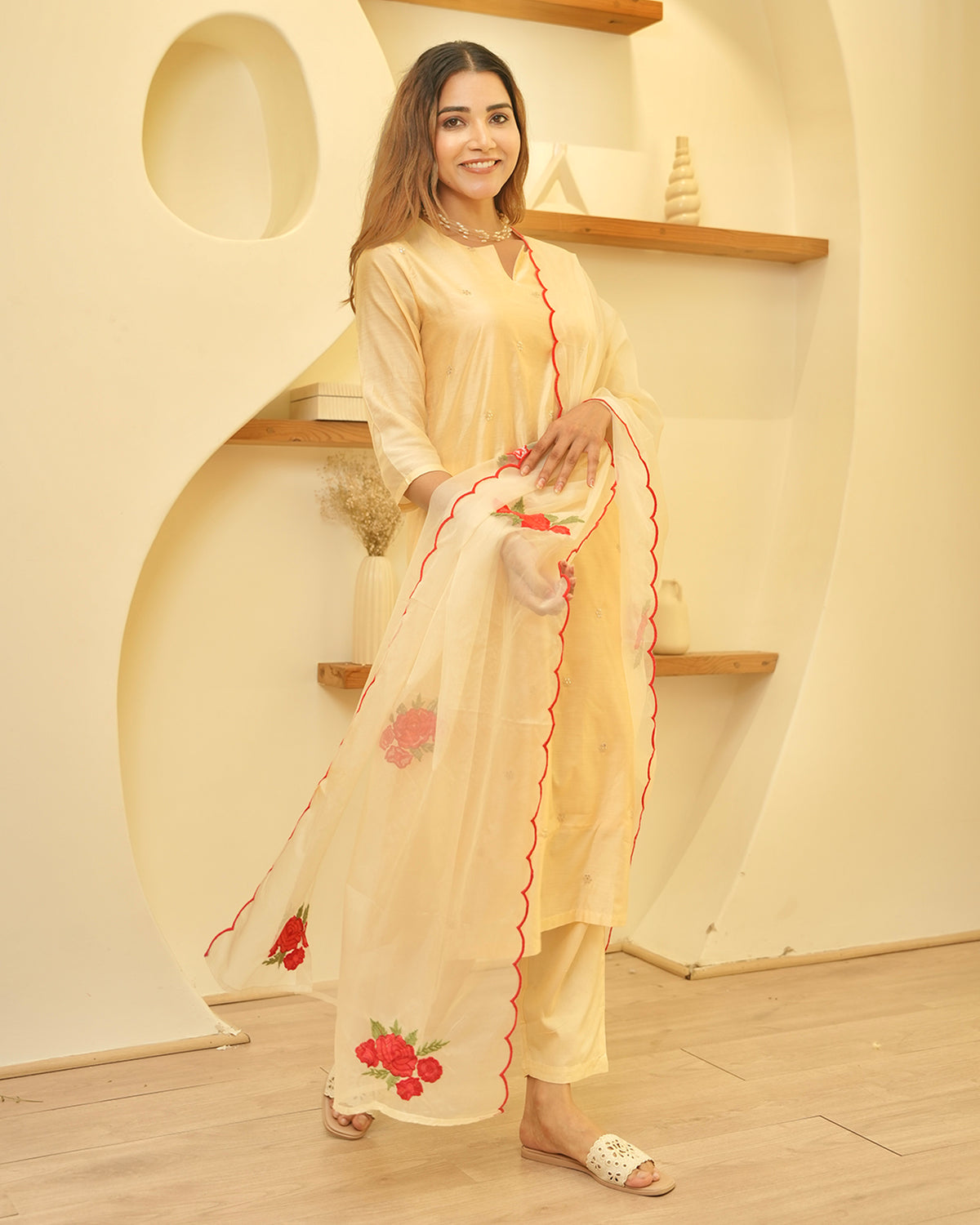 BUTTER CREAM CHANDERI SUIT SET WITH EMBROIDERED DUPATTA