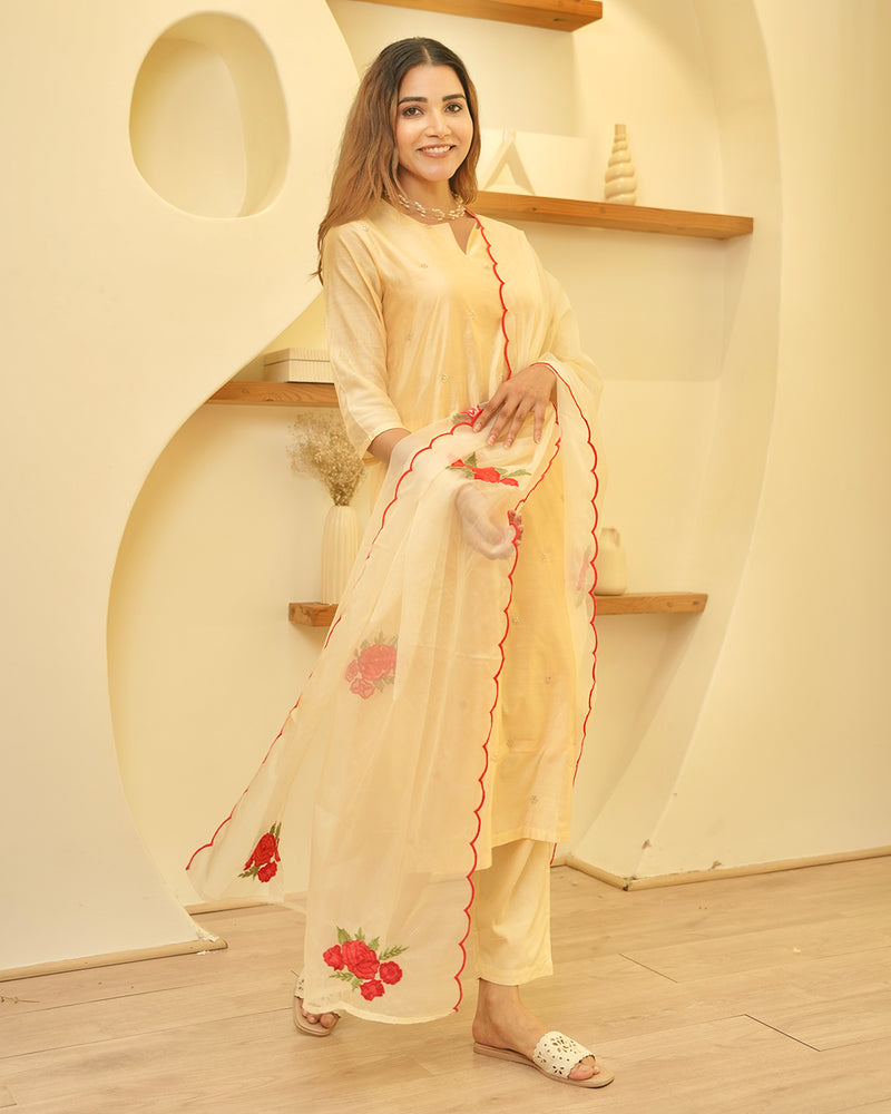 BUTTER CREAM CHANDERI SUIT SET WITH EMBROIDERED DUPATTA