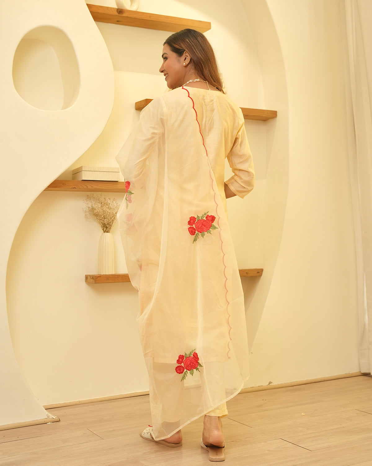 BUTTER CREAM CHANDERI SUIT SET WITH EMBROIDERED DUPATTA