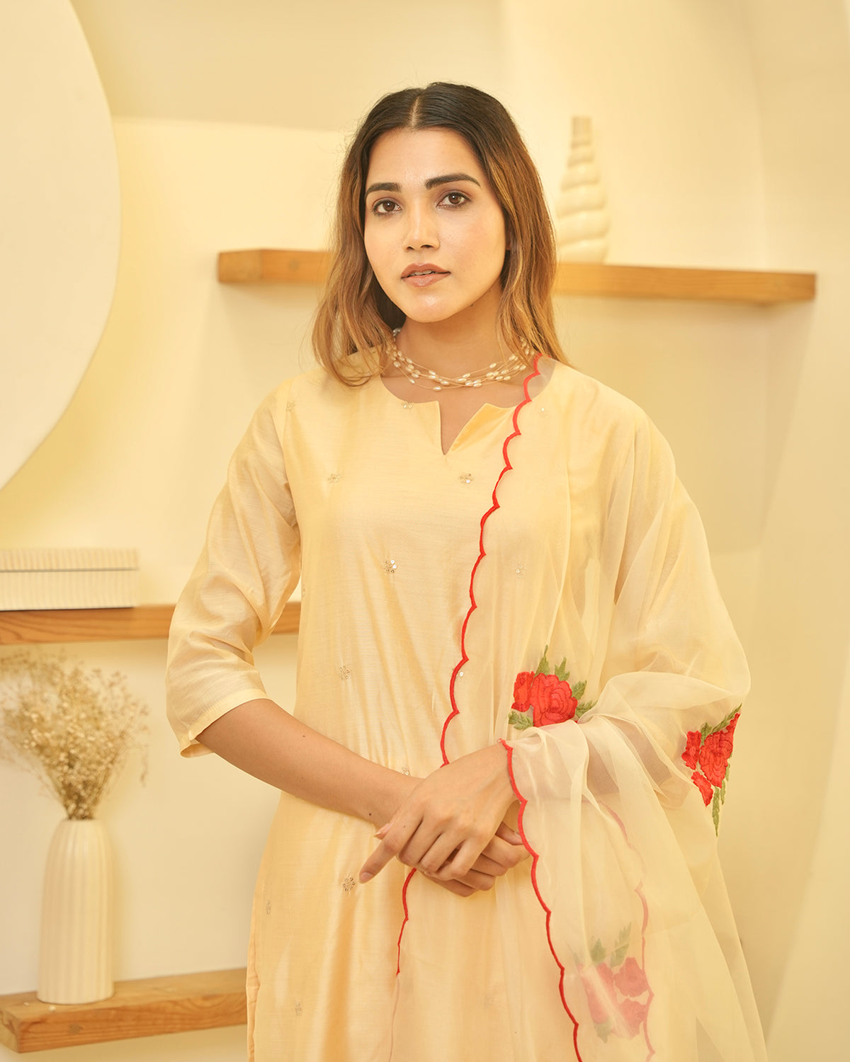 BUTTER CREAM CHANDERI SUIT SET WITH EMBROIDERED DUPATTA