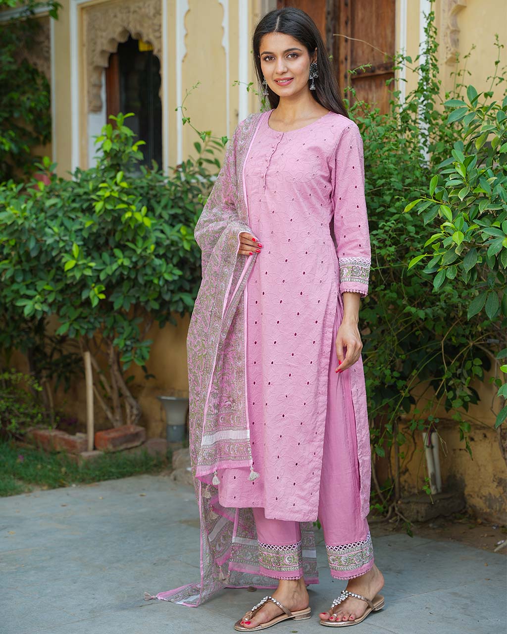 MAUVE PINK SCHIFFLI HANDBLOCK SUIT SET