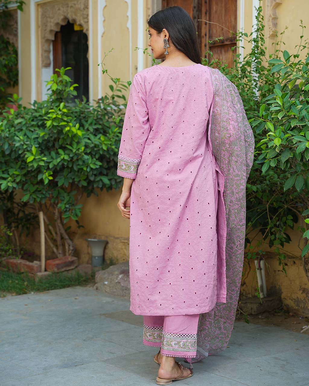 MAUVE PINK SCHIFFLI HANDBLOCK SUIT SET